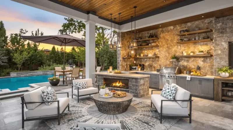 Covered outdoor kitchen with a built-in grill, stone counters and a fire feature